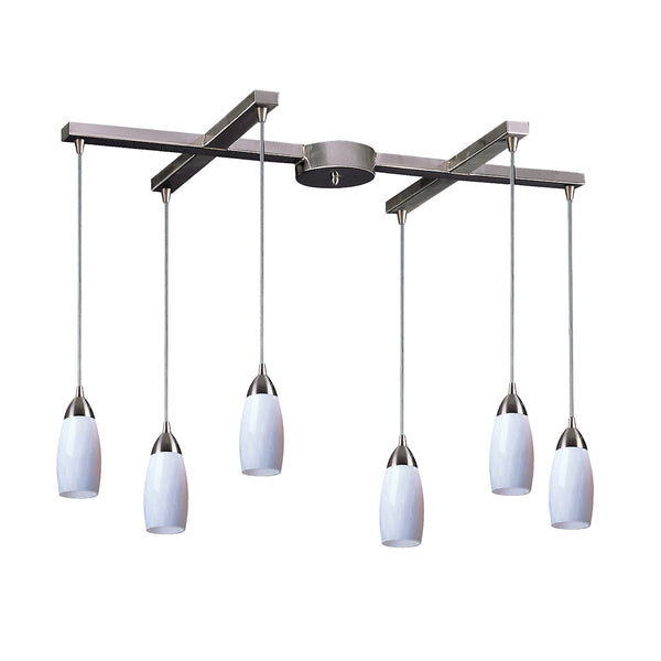 Milan 6 Light Pendant In Satin Nickel And Simply White Glass