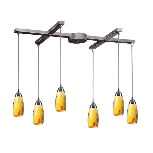 Milan 6 Light Pendant In Satin Nickel And Yellow Blaze Glass