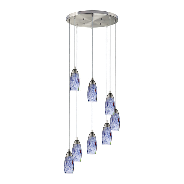Milan 8 Light Pendant In Satin Nickel And Starburst Blue Glass