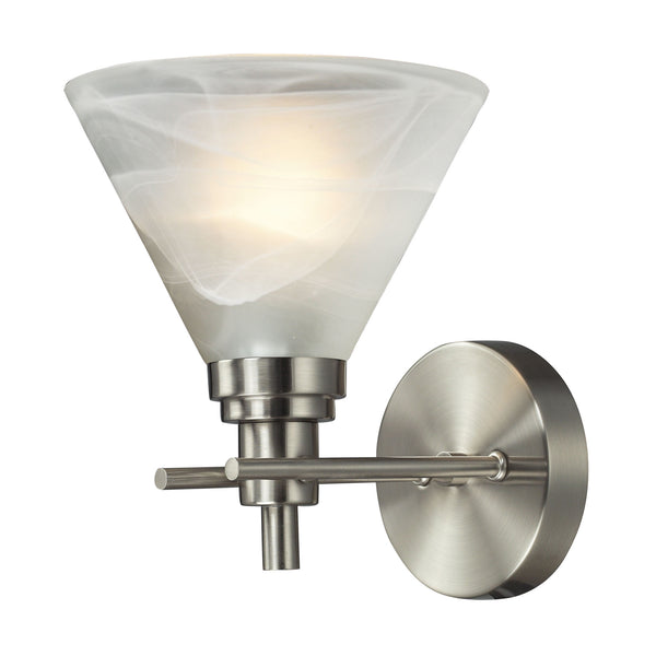 Pemberton 1 Light Vanity In Brushed Nickel And Marbelized White Glass