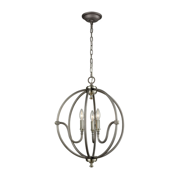 Stanton 3 Light Chandelier In Weathered Zinc With Brushed Nickel Highlights