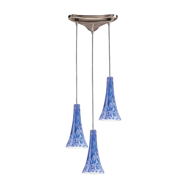 Tromba 3 Light Pendant In Satin Nickel And Starburst Blue Glass