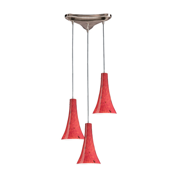 Tromba 3 Light Pendant In Satin Nickel And Fire Red Glass