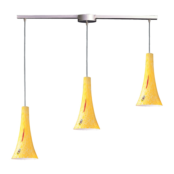 Tromba 3 Light Pendant In Satin Nickel And Yellow Blaze Glass