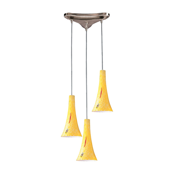 Tromba 3 Light Pendant In Satin Nickel And Yellow Blaze Glass
