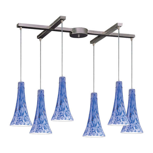 Tromba 6 Light Pendant In Satin Nickel And Starburst Blue Glass