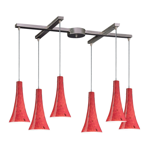Tromba 6 Light Pendant In Satin Nickel And Fire Red Glass