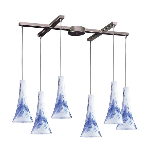 Tromba 6 Light Pendant In Satin Nickel And Mountain Glass