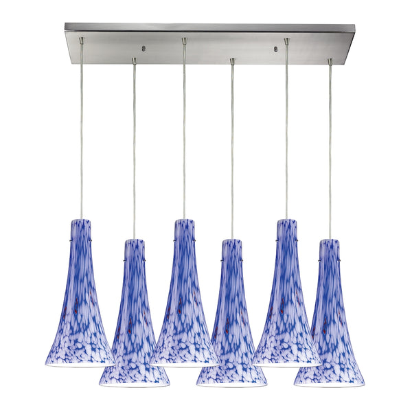 Tromba 6 Light Pendant In Satin Nickel And Starburst Blue Glass