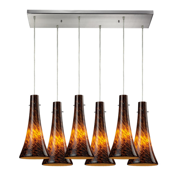 Tromba 6 Light Pendant In Satin Nickel And Espresso Glass