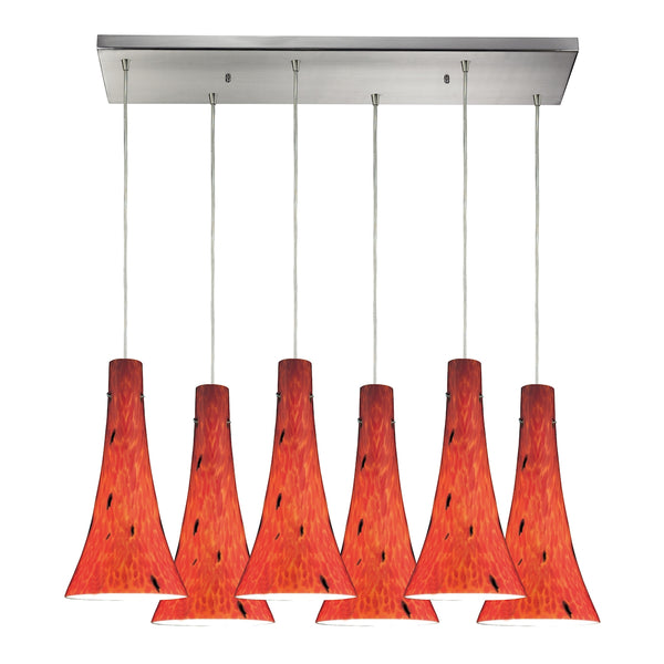 Tromba 6 Light Pendant In Satin Nickel And Fire Red Glass