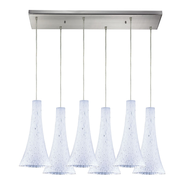 Tromba 6 Light Pendant In Satin Nickel And Snow White Glass