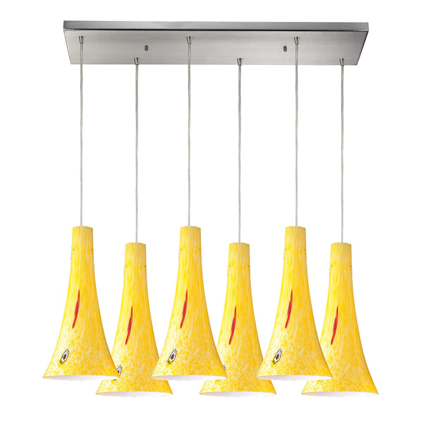 Tromba 6 Light Pendant In Satin Nickel And Yellow Blaze Glass