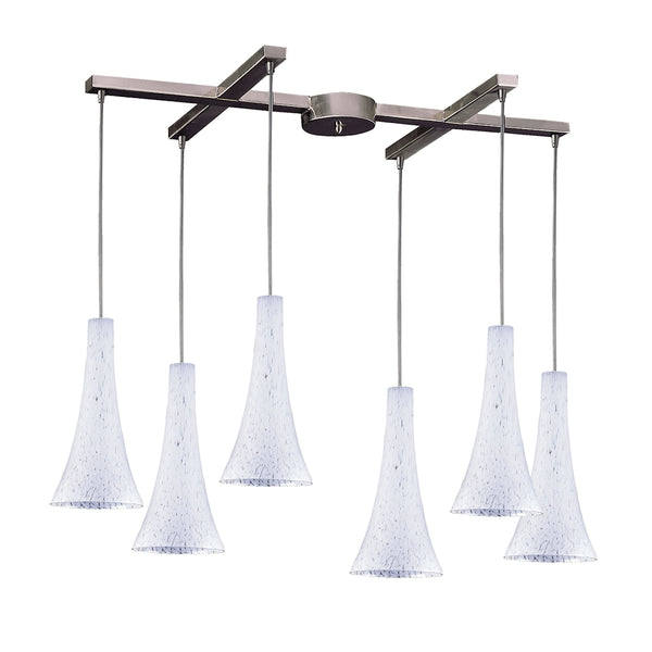 Tromba 6 Light Pendant In Satin Nickel And Snow White Glass