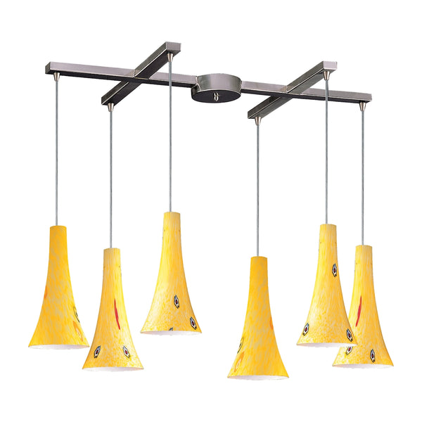 Tromba 6 Light Pendant In Satin Nickel And Yellow Blaze Glass