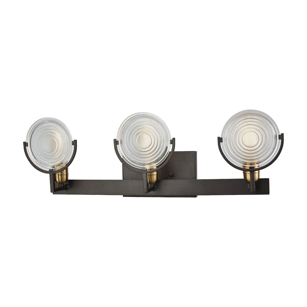 Ocular 3 Light Vanity In Oil Rubbed Bronze With Satin Brass Accents And Clear Railroad Light Glass