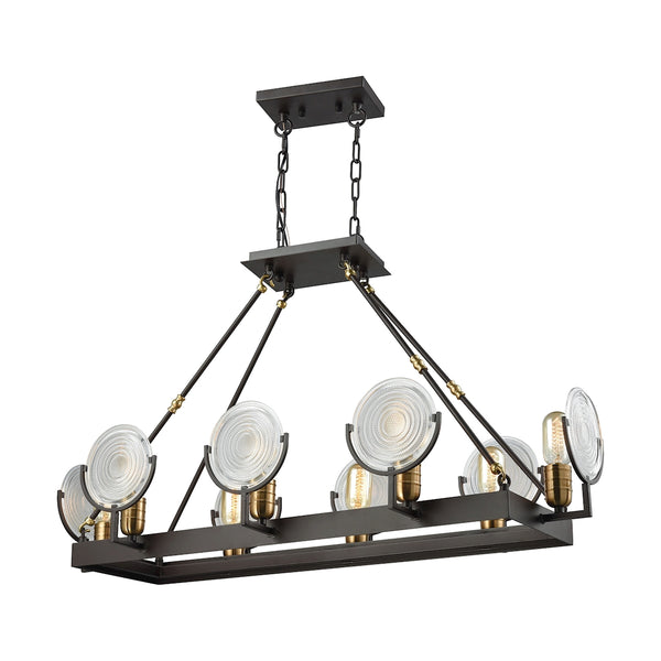 Ocular 8 Light Chandelier In Oil Rubbed Bronze With Satin Brass Accents And Clear Railroad Light Glass