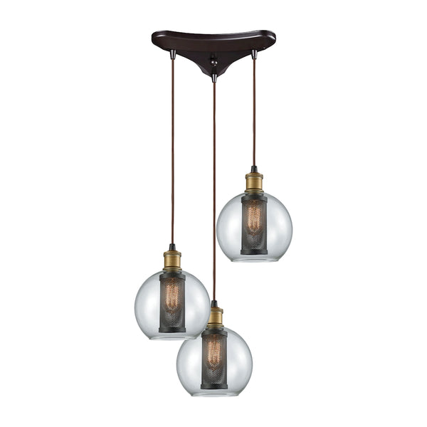 Bremington 3 Light Triangle Pan Pendant In Tarnished Brass/Oil Rubbed Bronze With Clear Glass And Perforated Metal Cage