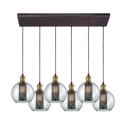 Bremington 6 Light Rectangle Pendant In Tarnished Brass/Oil Rubbed Bronze With Clear Glass And Perforated Metal Cage