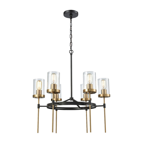 North Haven 6 Light Chandelier In Oil Rubbed Bronze With Satin Brass Accents And Clear Glass