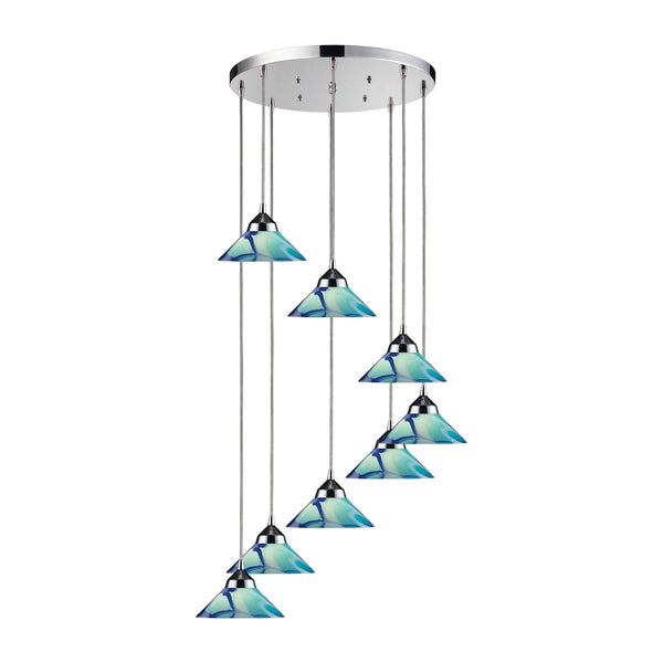 Refraction 8 Light Pendant In Polished Chrome and Caribbean Glass