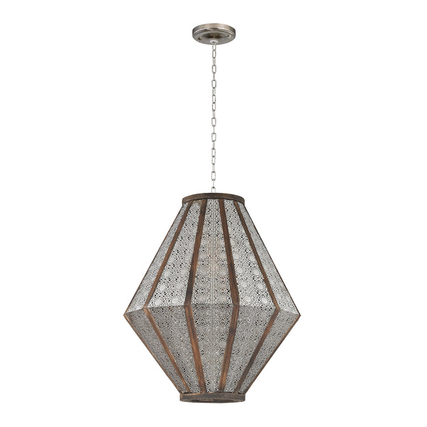 Pierced Metalwork Hanging Pendant With Wooden Banding - Large