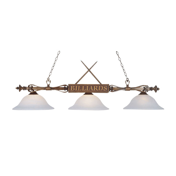 Designer Classics 3 Light Billiard In Wood Patina And White Faux Alabaster Glass