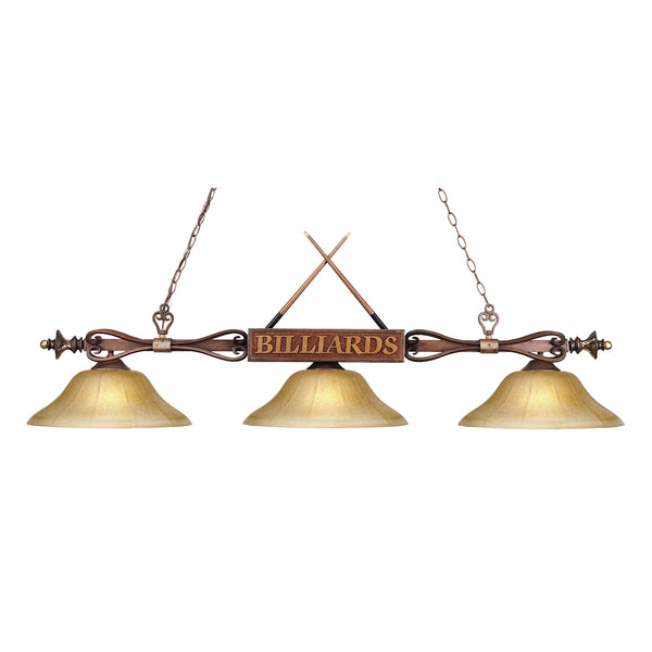 Designer Classics 3 Light Billiard In Wood Patina And Amber Gratina Glass