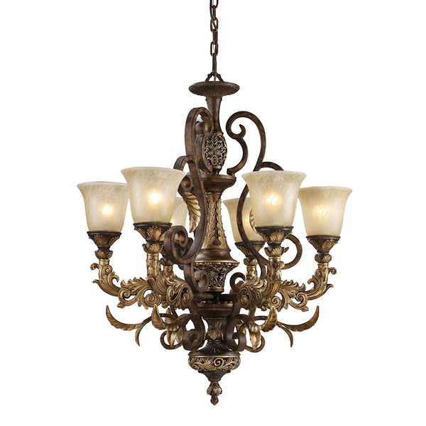 Regency 6 Light Chandelier In Burnt Bronze And Gold Leaf