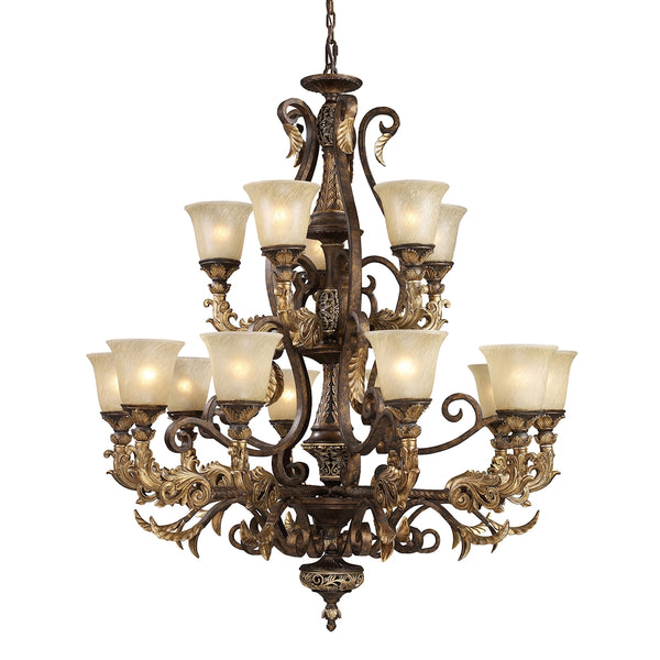 Regency 15 Light Chandelier In Burnt Bronze And Gold Leaf