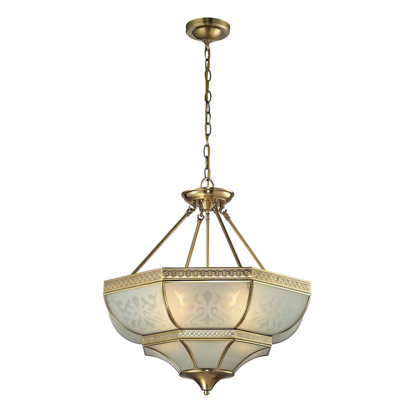 French Damask 4 Light Pendant In Brushed Brass And Etched Glass