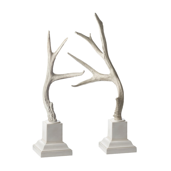 Weathered Resin Buck Antlers On White Base - Set of 2
