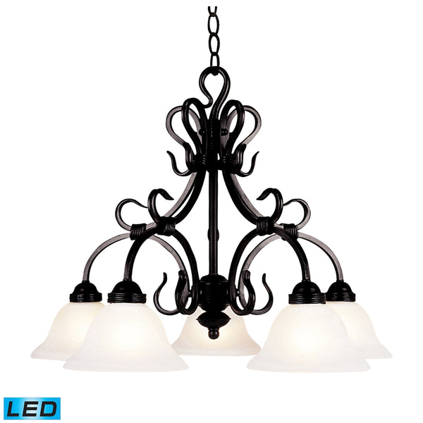 Buckingham 5 Light LED Chandelier In Matte Black And White Faux Marble Glass