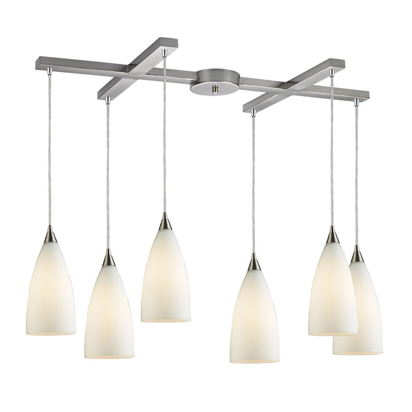 Vesta 6 LED Light Pendant In Satin Nickel And White Glass