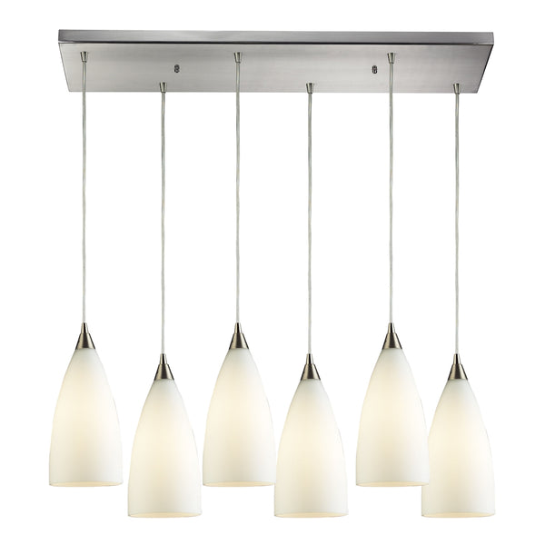 Vesta 6 LED Light Pendant In Satin Nickel And White Glass