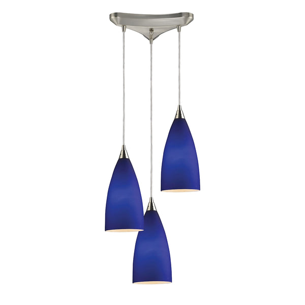Vesta 3 Light Pendant In Satin Nickel And Royal Blue Glass