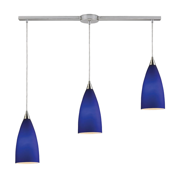 Vesta 3 LED Light Pendant In Satin Nickel And Royal Blue Glass