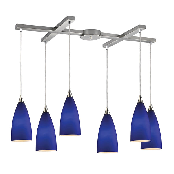 Vesta 6 LED Light Pendant In Satin Nickel And Royal Blue Glass