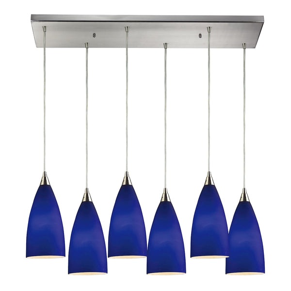 Vesta 6 LED Light Pendant In Satin Nickel And Royal Blue Glass