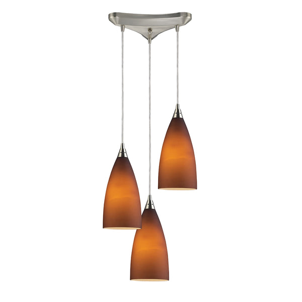 Vesta 3 Light Pendant In Satin Nickel And Tobacco Glass