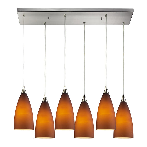 Vesta 6 Light Pendant In Satin Nickel And Tobacco Glass