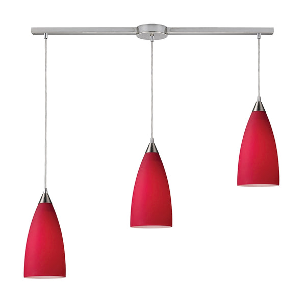 Vesta 3 Light Pendant In Satin Nickel And Cardinal Red Glass