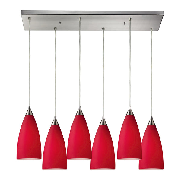 Vesta 6 Light Pendant In Satin Nickel And Cardinal Red Glass