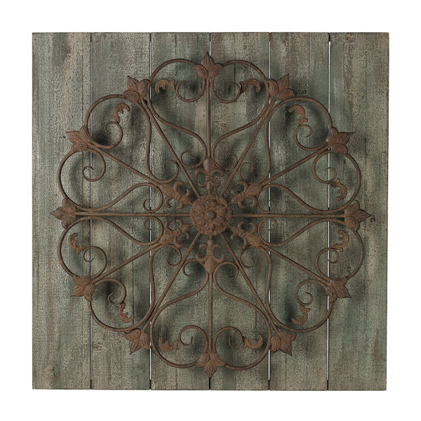 Meridian-Metal Scroll On Distressed Wood Wall Panel
