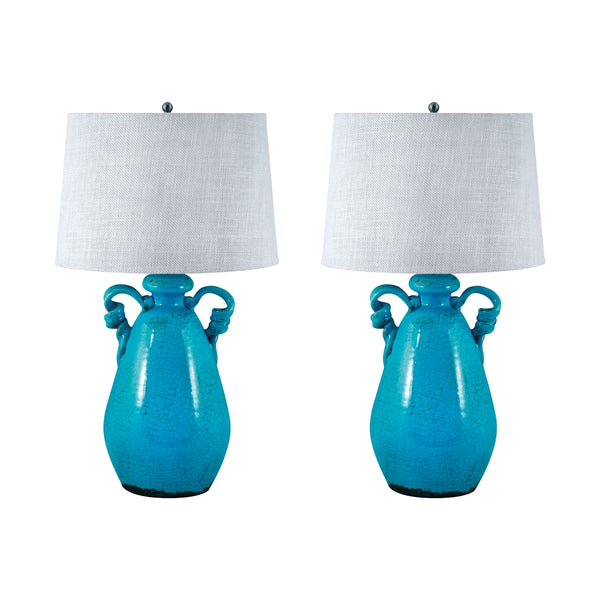 Twisted Handle Terra Cotta Table Lamps In Aqua - Set of 2