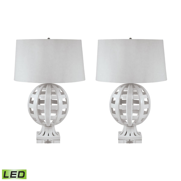 Open Work Ceramic Globe LED Table Lamp In White