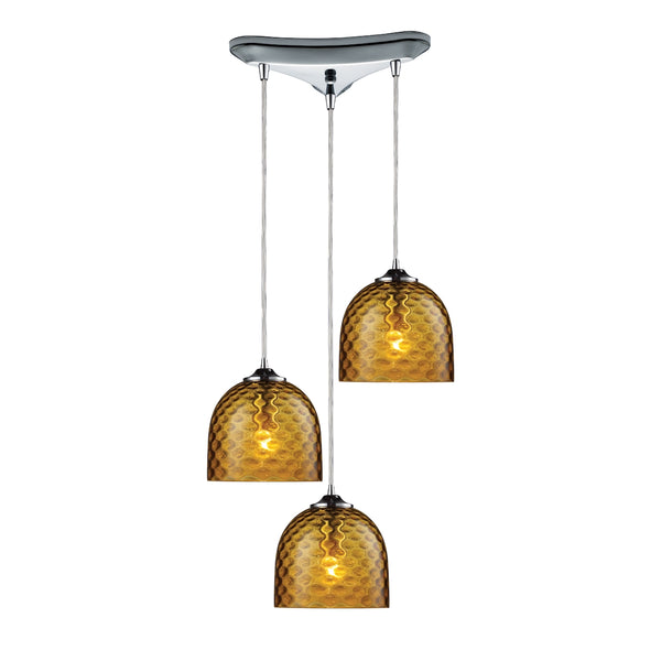 Viva 3 Light Pendant In Polished Chrome And Amber Glass