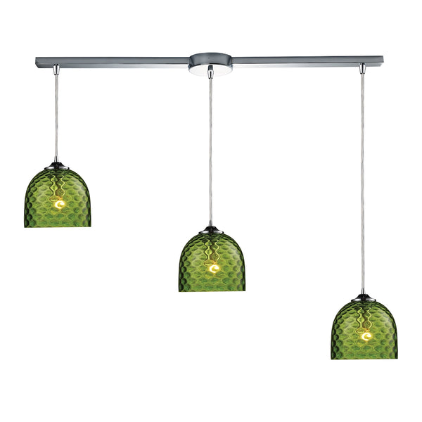Viva 3 Light Pendant In Polished Chrome And Green Glass