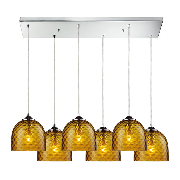 Viva 6 Light Pendant In Polished Chrome And Amber Glass
