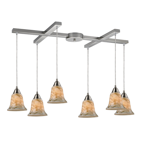 Confections 6 Light Pendant In Satin Nickel And Nougat Glass